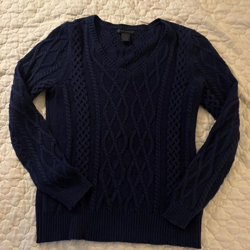 Women’s Navy Blue Y2K V-Neck Cable Knit Sweater Size S Cottagecore Fall